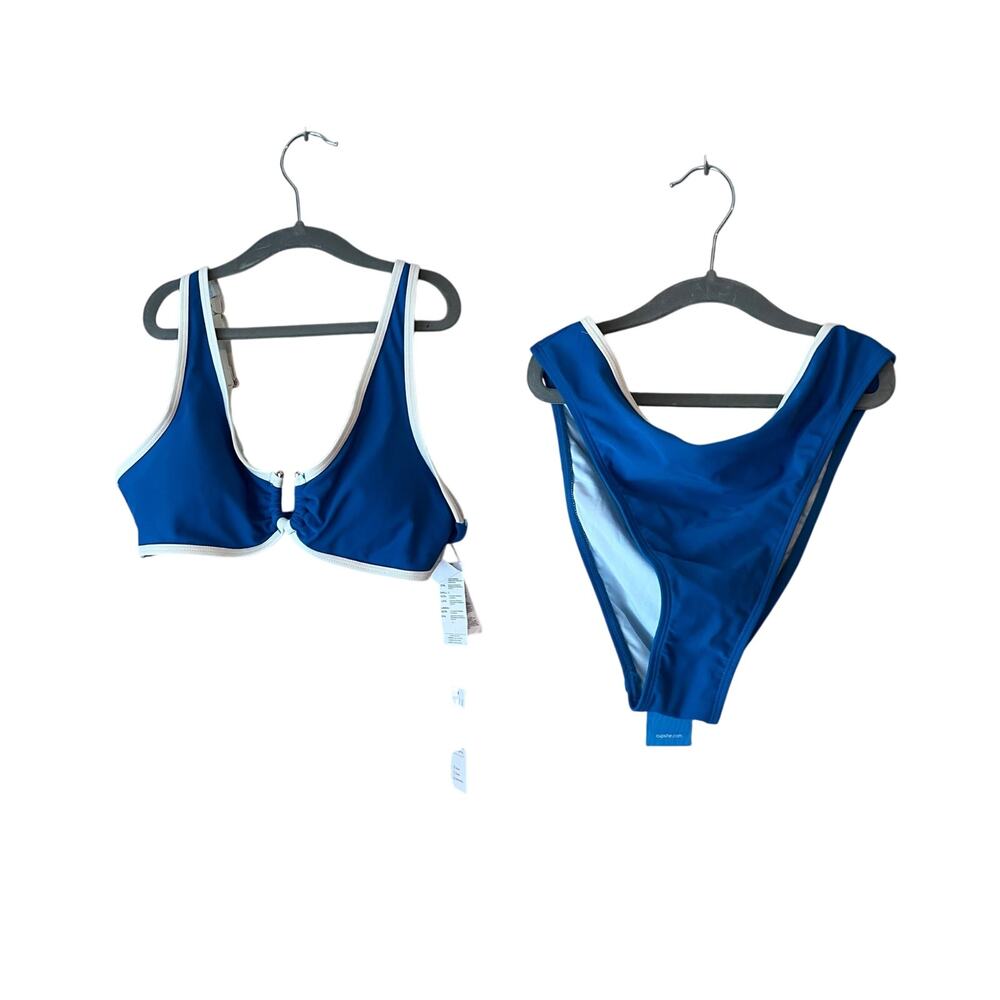 New Cupshe Retro 70s Bikini High Cut Push Up Bra Medium Blue White NWT